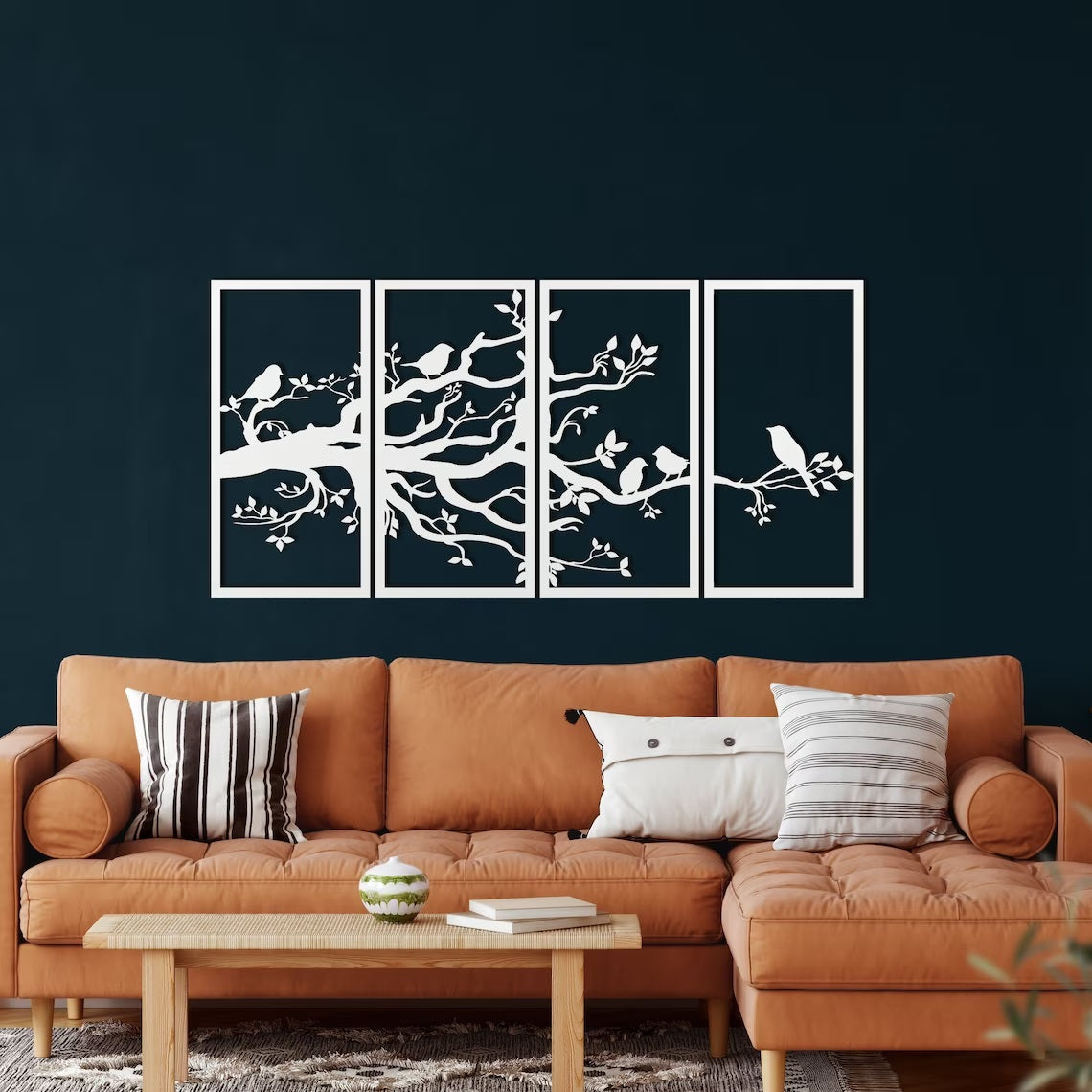 Tree of Life 4 Panels, Birds and Branch Metal Tree Wall Art, Metal Wall Decor, 4 Pieces Wall Hangings, Home Living Room Entryway Decoration