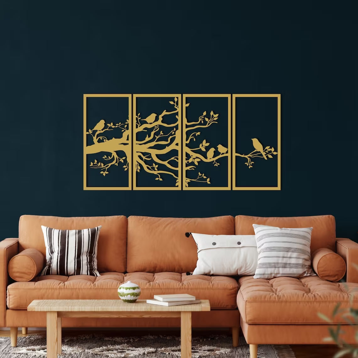 Tree of Life 4 Panels, Birds and Branch Metal Tree Wall Art, Metal Wall Decor, 4 Pieces Wall Hangings, Home Living Room Entryway Decoration