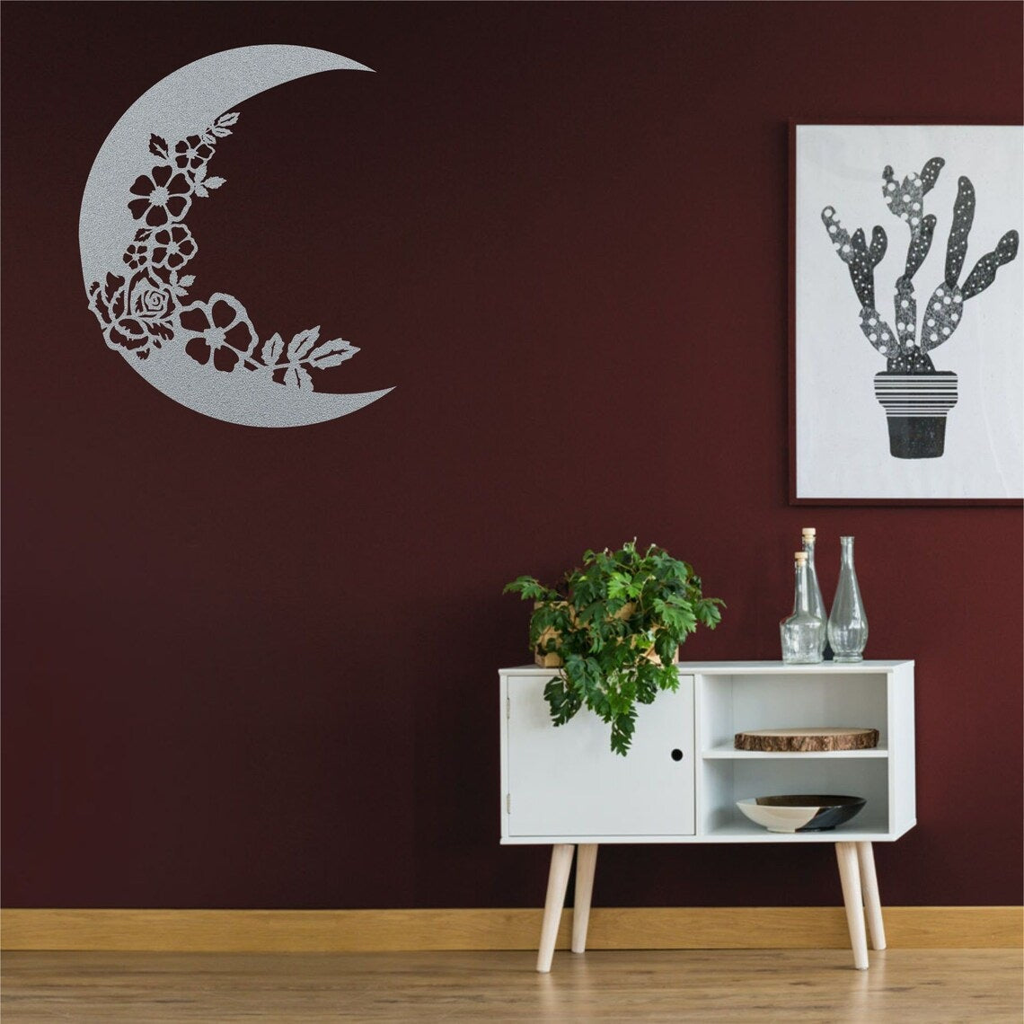 Metal Wall Decor, The Moon Wall Art, Metal Wall Art, Half Moon and Flowers Décor, Kids Room Decoration, Living Room Entryway Wall Hangings