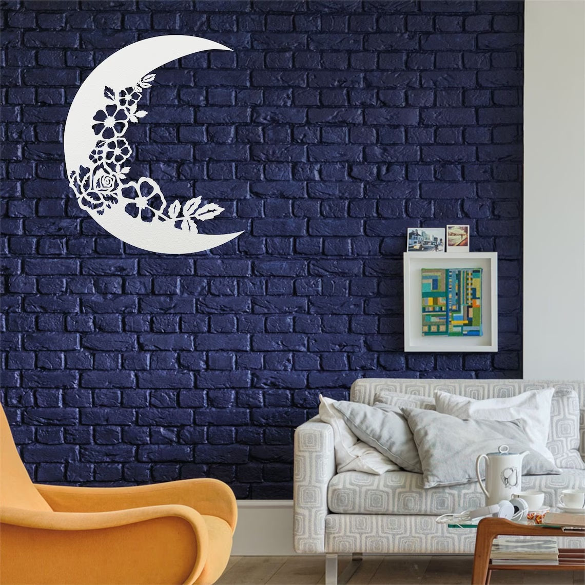 Metal Wall Decor, The Moon Wall Art, Metal Wall Art, Half Moon and Flowers Décor, Kids Room Decoration, Living Room Entryway Wall Hangings